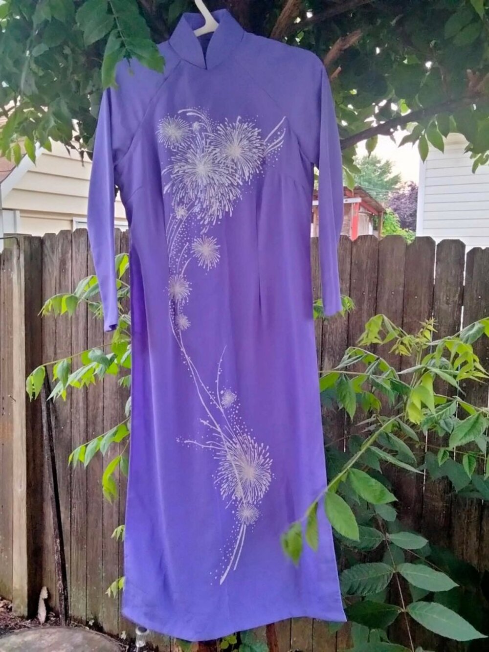 Womens Vintage Asian Purple Fireworks Sparkle Long Sleeve Dress W Slits XS-SM